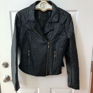 Lined Faux Leather Moto Style Jacket w/Quilted Design, Zippered Front Pockets